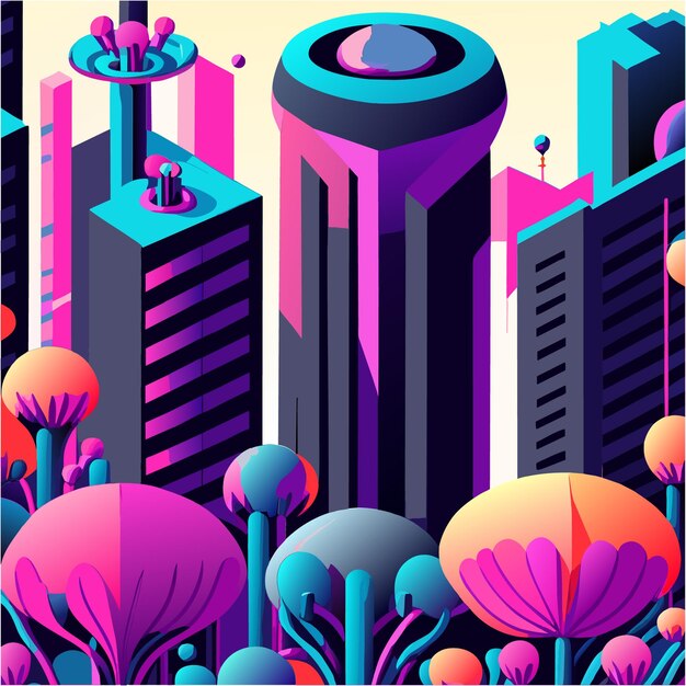 Vector futuristic city's petal highrises soar