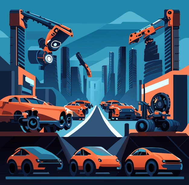 Vector futuristic city with robotic cars and cranes