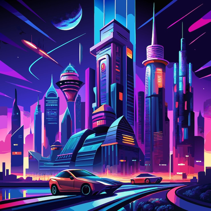 Vector a futuristic city with towering neonlit skyscrapers flying cars and sharp angular architecture