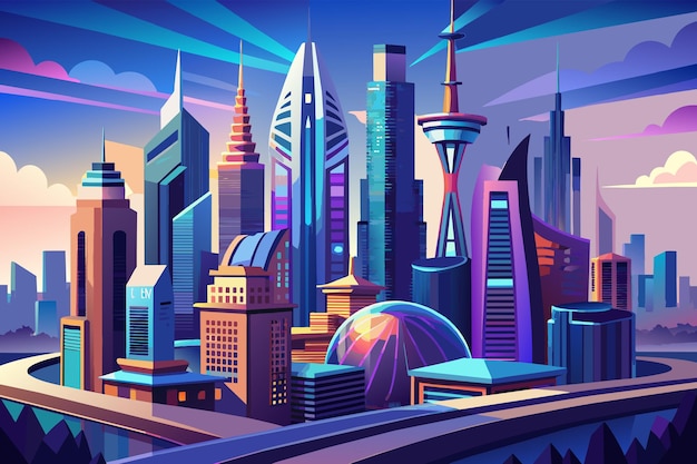 A futuristic cityscape with towering skyscrapers in 3D illustration