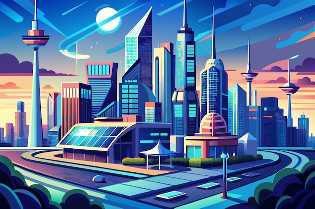 A futuristic cityscape with towering skyscrapers in 3D illustration