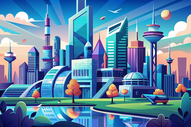 A futuristic cityscape with towering skyscrapers in 3D illustration