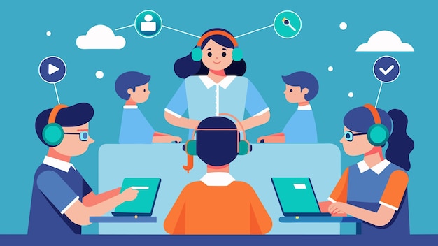 In a futuristic classroom students sit at their desks with special headsets on connected through a