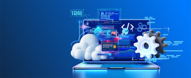Futuristic Cloud Computing and Network Interface on Laptop Screen A modern laptop displaying a dynamic cloud computing interface with intricate network connections and cogwheels Vector