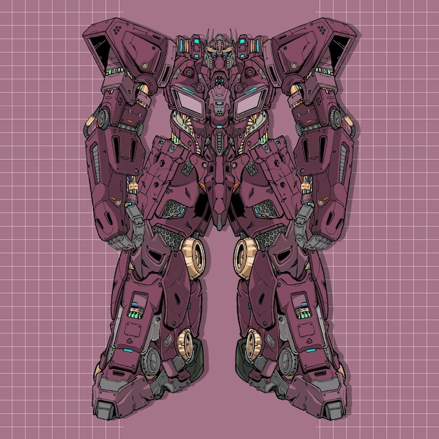 Futuristic commander giant mecha robot builded by head arm body leg weapon illustration