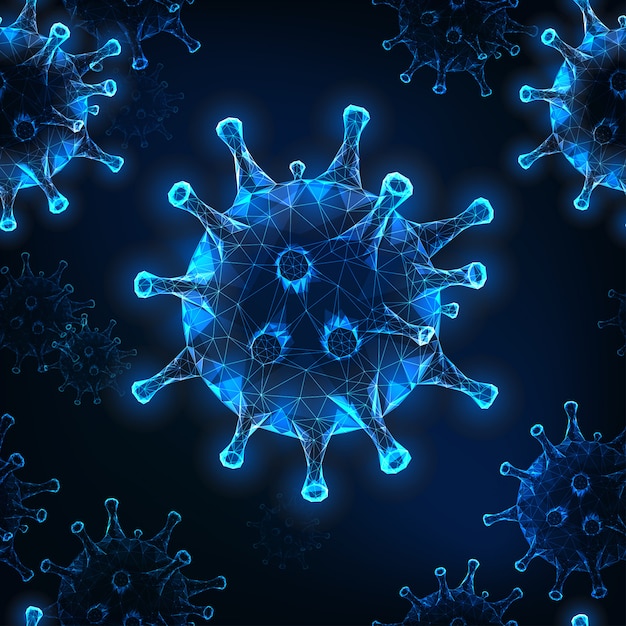 Futuristic Coronavirus, Covid-19 seamless pattern with virus cells on dark blue background.