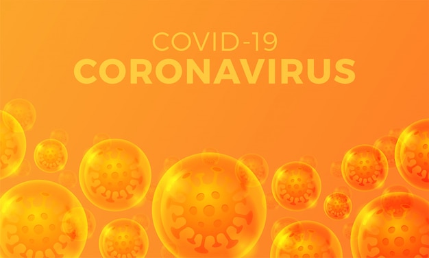 Футуристический шаблон веб-баннера coronavirus или covid-19 со светящейся вирусной ячейкой на реалистичном глянцевом шарике оранжевого цвета.