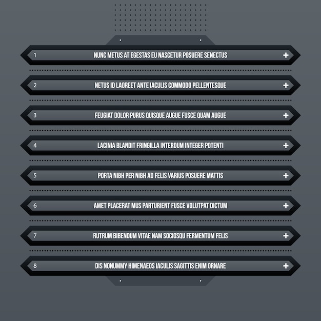 Futuristico menu aziendale / modello di elenco su sfondo grigio. utile per presentazioni, pubblicità o web design.