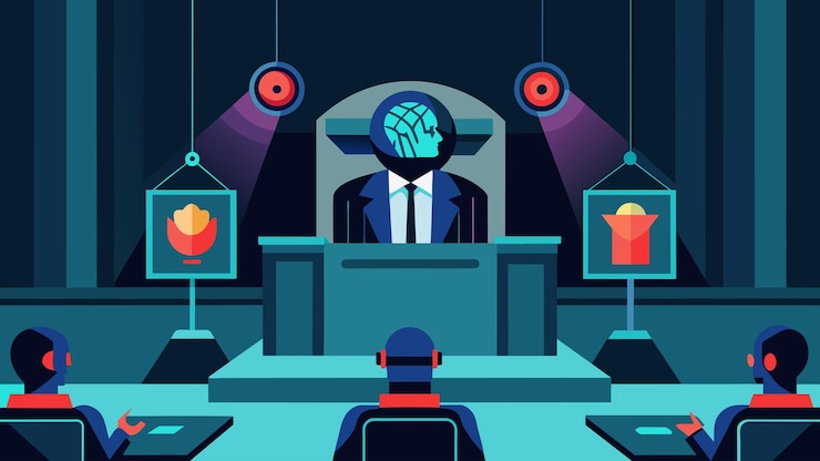 Vector in a futuristic courtroom a defendants memories are extracted using neurotech implants as evidence