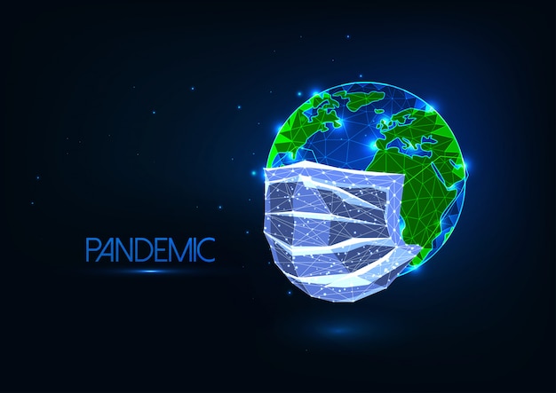 Vector futuristic covid-19 coronavirus pandemic global concept with glow low poly medical mask covers earth