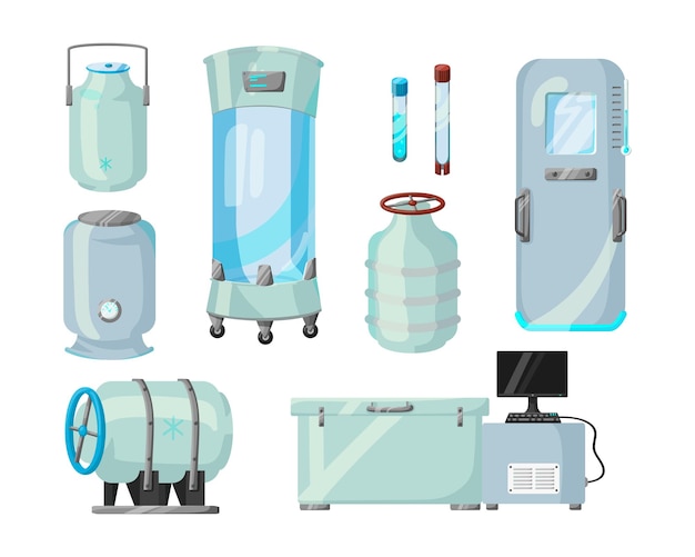 Futuristic cryogenic equipment vector illustrations set. cryo capsules or tanks for frozen humans or spacemen, medical equipment with cryogen on white background. science, cryonics, space concept