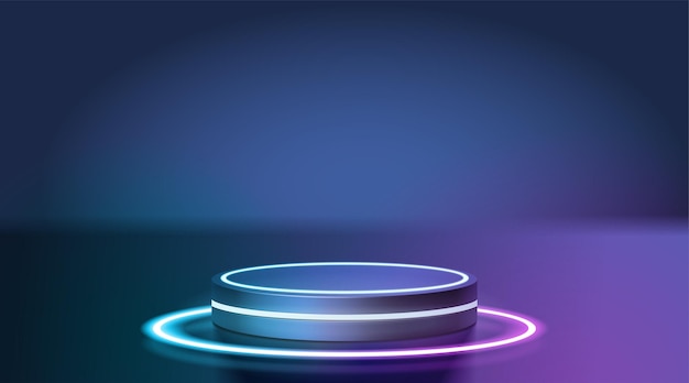 Futuristic cyber stage with 3d blue neon podium glowing for product display presentation in darkness