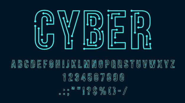 Futuristic cyber tech neon font or alphabet