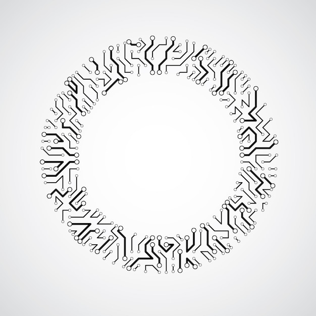 Футуристическая кибернетическая схема, векторная черно-белая иллюстрация материнской платы. Круглый элемент с текстурой печатной платы.