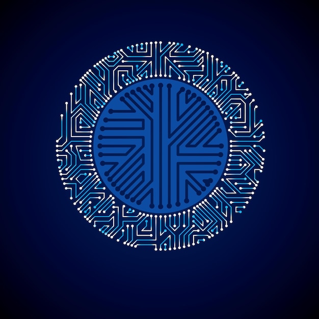 Futuristic cybernetic scheme, vector motherboard blue illustration with neon lights. circular gleam element with circuit board texture.