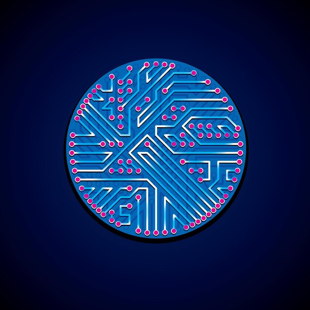 Futuristic cybernetic scheme, vector motherboard blue and magenta illustration with neon lights. circular gleam element with circuit board texture