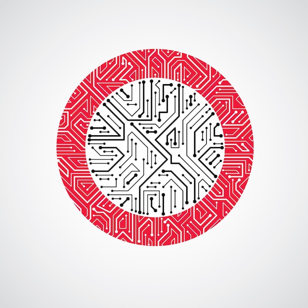 Futuristic cybernetic scheme, vector motherboard red illustration. Circular element with circuit board texture.