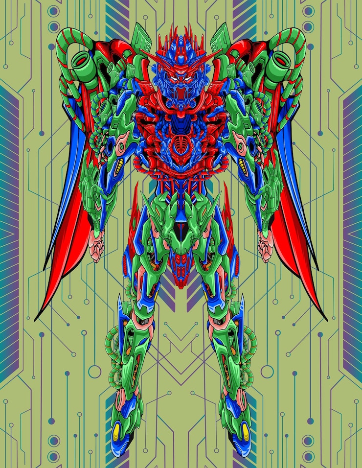 Vector futuristic cyberpunk mecha robot full body illustration