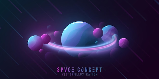 Vector futuristic deep space concept in a minimalist style. the fall of meotrites against the background of a dark sky. abstract purple and blue planets and glowing ring.