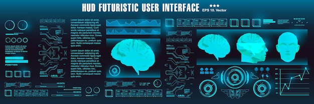 미래 지향적인 Hud 요소가 있는 인공 지능 두뇌의 미래 지향적인 디자인