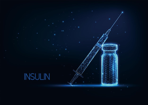 Futuristic diabetes treatment with insulin concept with glowing low polygonal vial and syringe