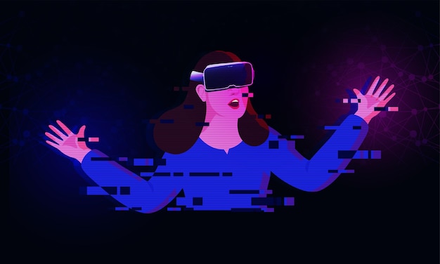 Vettore tecnologia digitale futuristica metaverse concetto di realtà virtuale nft giovane ragazza che indossa occhiali per realtà virtuale vr sperimentando l'effetto glitch del mondo virtuale