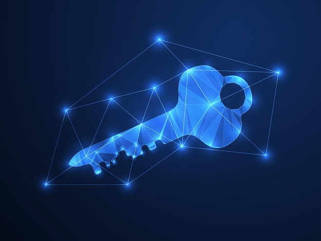 futuristic digital wireframe network with polygonal house key lock and business security concepts