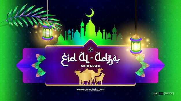 Vector futuristic eid al adha mubarak banner design vibrant midnight blue background