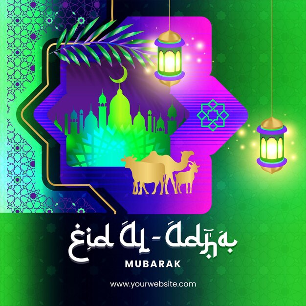 Vector futuristic eid al adha mubarak social media post design vibrant midnight blue background