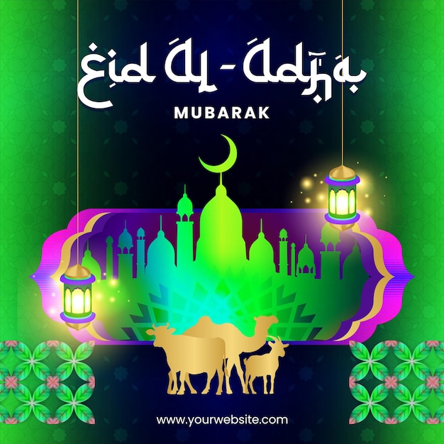 Vettore futuristico eid al adha mubarak social media post design vibrante sfondo blu notte