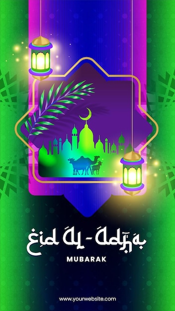 Vector futuristic eid al adha mubarak social media story design vibrant midnight blue background