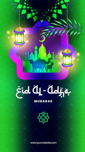 Futuristic eid al adha mubarak social media story design vibrant midnight blue background