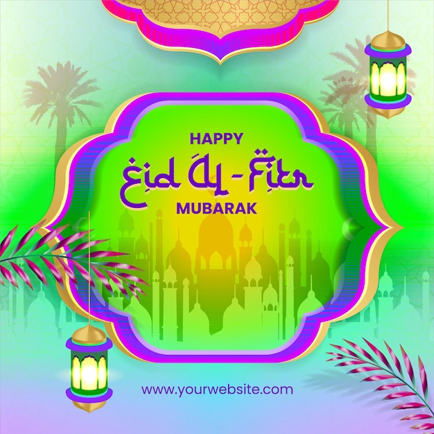 Vettore futuristico eid al fitr mubarak social media post design vibrante sfondo verde viola