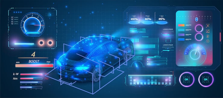 Vector futuristic electric car interactive hud interface design dynamic hud interface displaying various vehicle metrics and digital controls futuristic display with data speedometer statistics panel
