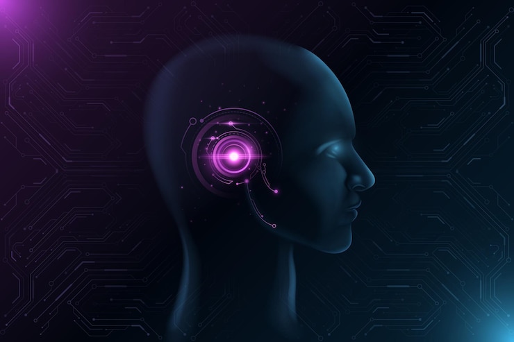 Vector futuristic face with glowing hud interface. artificial intelligence concept.