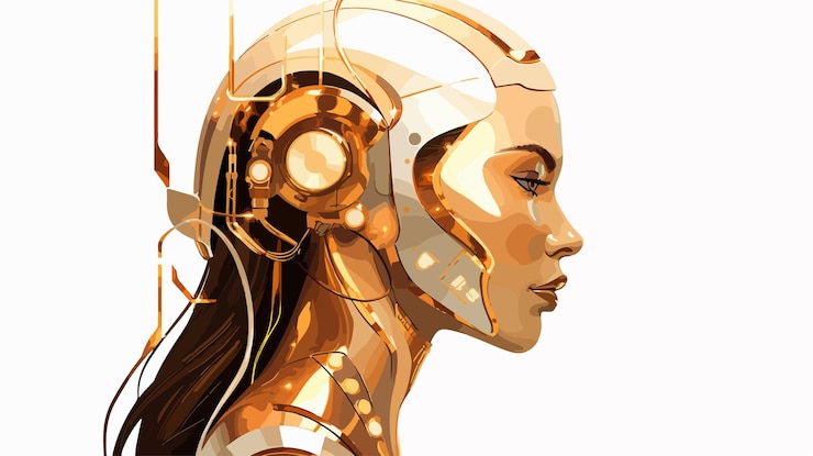 Vector futuristic fantasy teen girl with female gold cyborg