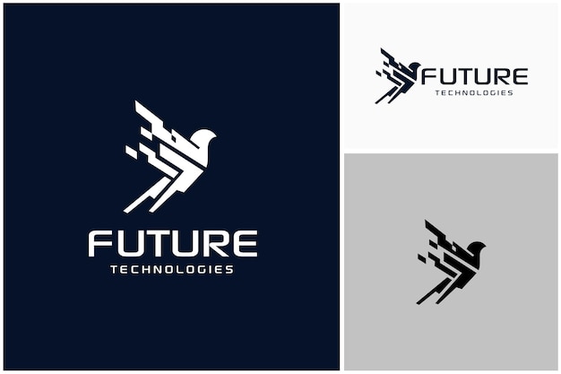 Futuristic flying modern android bird digital robot eagle falcon hawk logo design