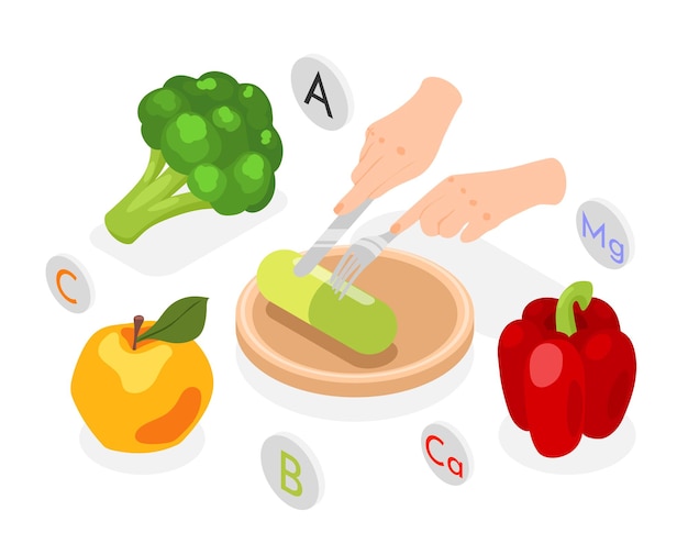 Composizione isometrica nel cibo futuristico con mani umane che tagliano con la capsula vitaminica del coltello imitando l'illustrazione vettoriale di frutta e verdura