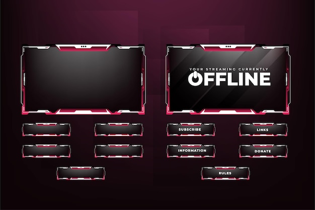 Vector futuristic gaming overlay vector with creative shapes live streaming overlay design with red and white color shapes streaming overlay frame and screen interface decoration for online gamers