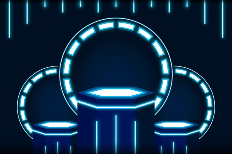 Vector futuristic gaming podium stage with neon blue lights background