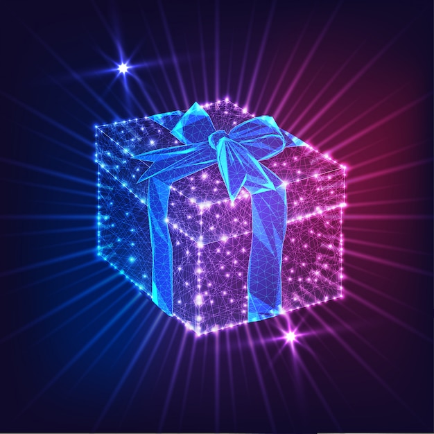 Vector futuristic glowing low poly gift box with ribbon bow isolated on dark blue and purple background.