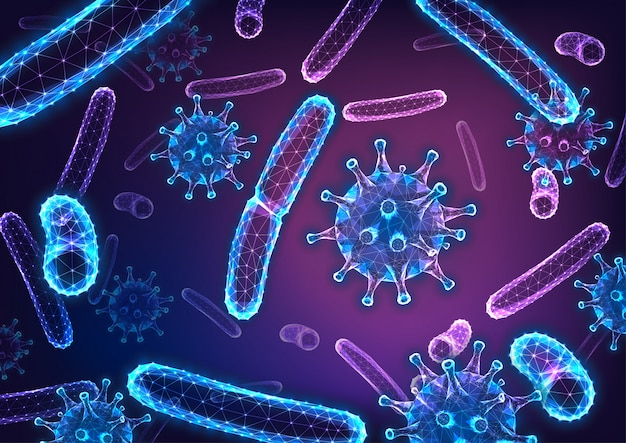 Bacilli 박테리아와 독감 바이러스 세포와 미래의 빛나는 낮은 다각형 추상적 인 배경.