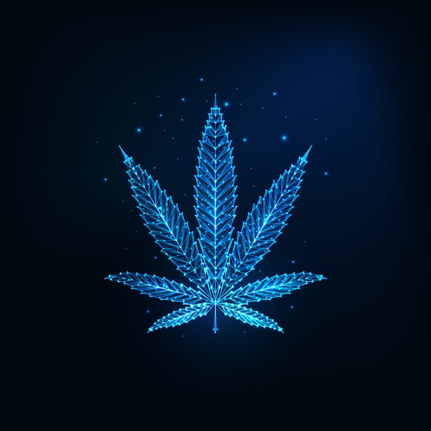 Futuristic glowing low polygonal cannabis leaf