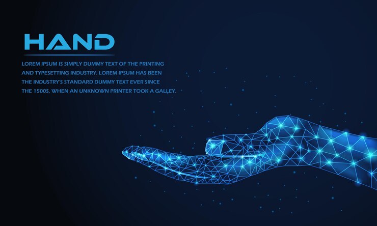 Futuristic glowing low polygonal giving a hand Abstract human hand technological