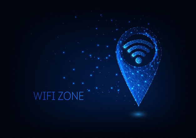 Futuristic glowing low polygonal gps and wifi symbols isolated on dark blue background.