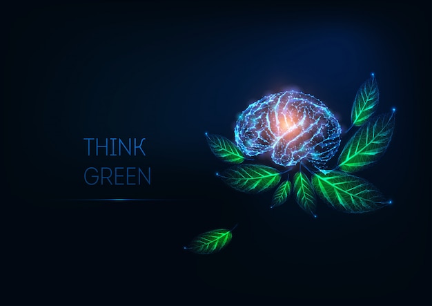 Vector futuristic glowing low polygonal human brain and green leaves on dark blue background.