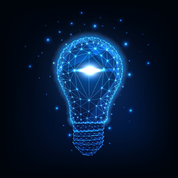 Vector futuristic glowing low polygonal light bulb isolated on dark blue .