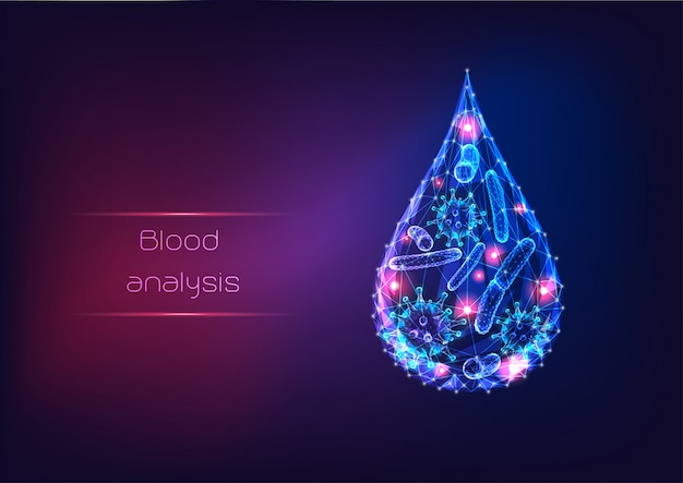 Futuristic glowing low polygonal microbes viruses and bacteria inside of a blood or water drop.