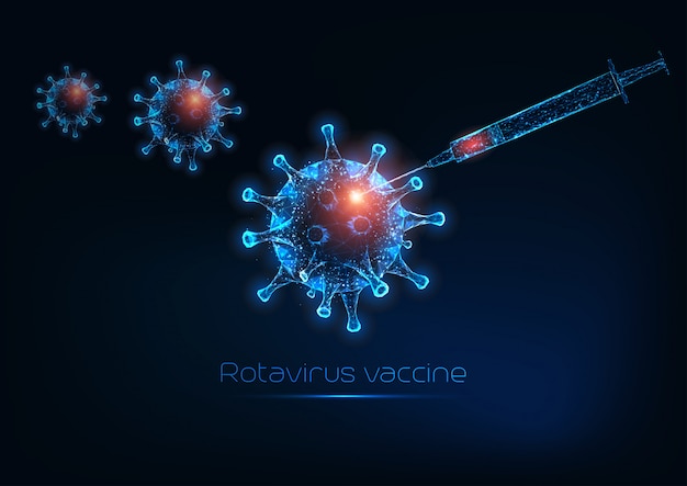 Футуристические светящиеся клетки с низким полигональным ротавирусом или вирусом гриппа и шприц с вакциной.