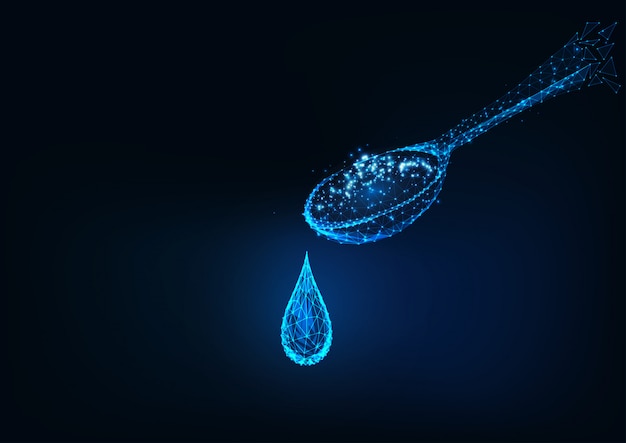 Futuristic glowing low polygonal spoon and liquid medicines drop isolated on dark blue .